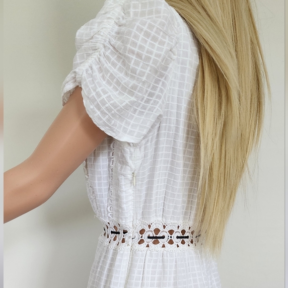 RAHI WHITE BLACK EMBROIDERED CAP PUFF SLEEVES SHORT MINI COTTON DRESS MEDIUM - Picture 13 of 15
